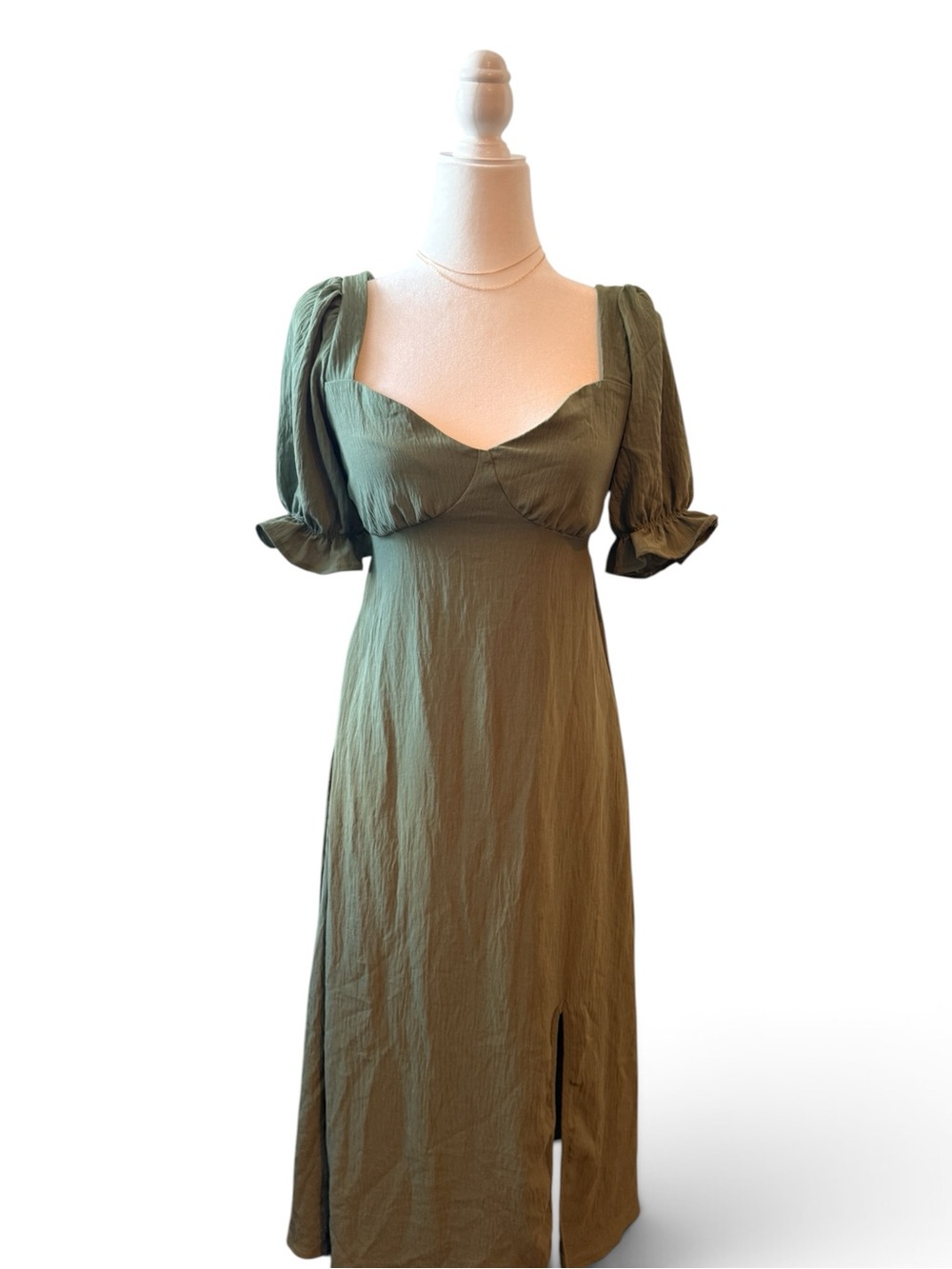 Olive Green Puff-Sleeve Midi Dress - Women